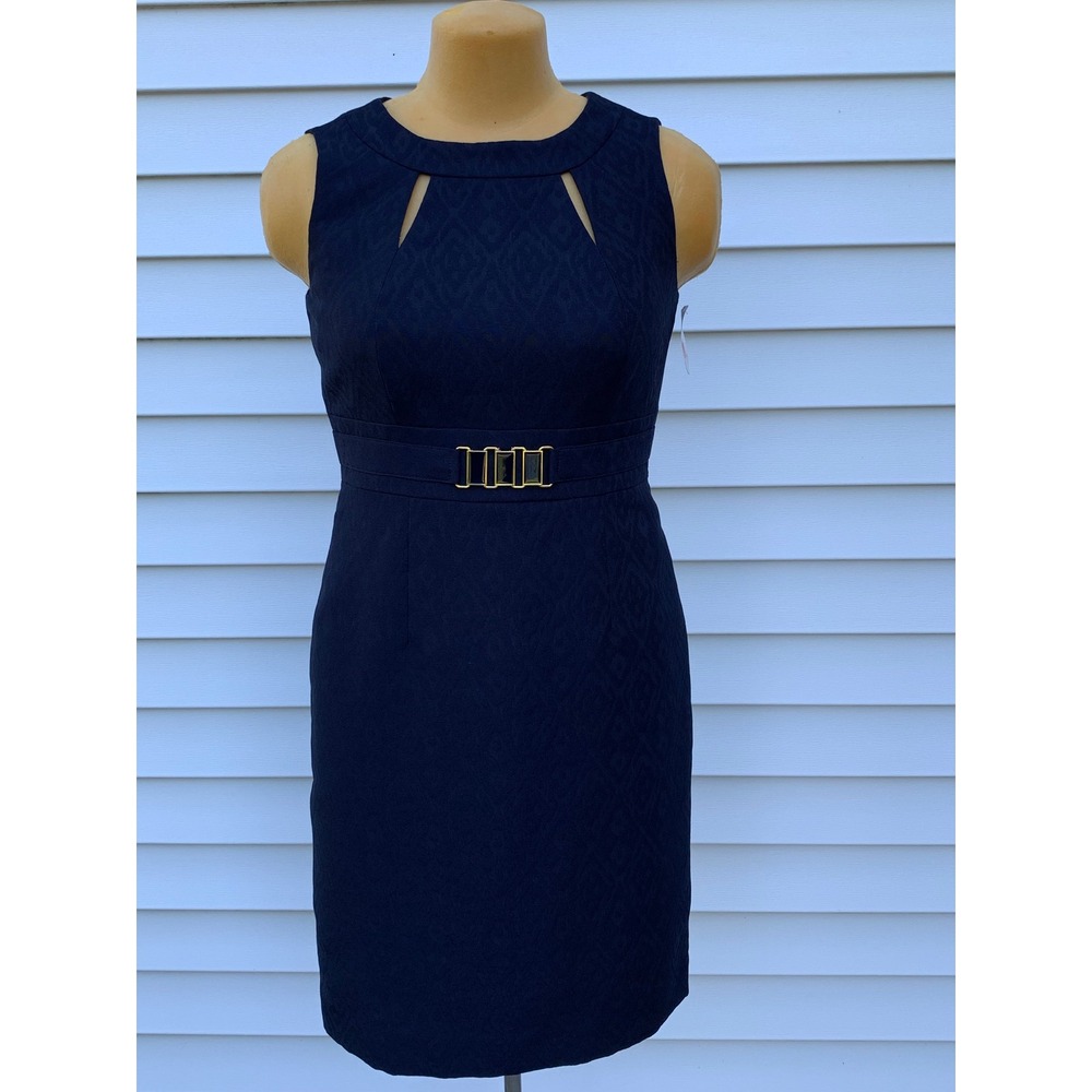 Tahari Arthur S. Levine Navy Jacquard Sheath Dress Cutout Neck Gold Buckle Sz 6